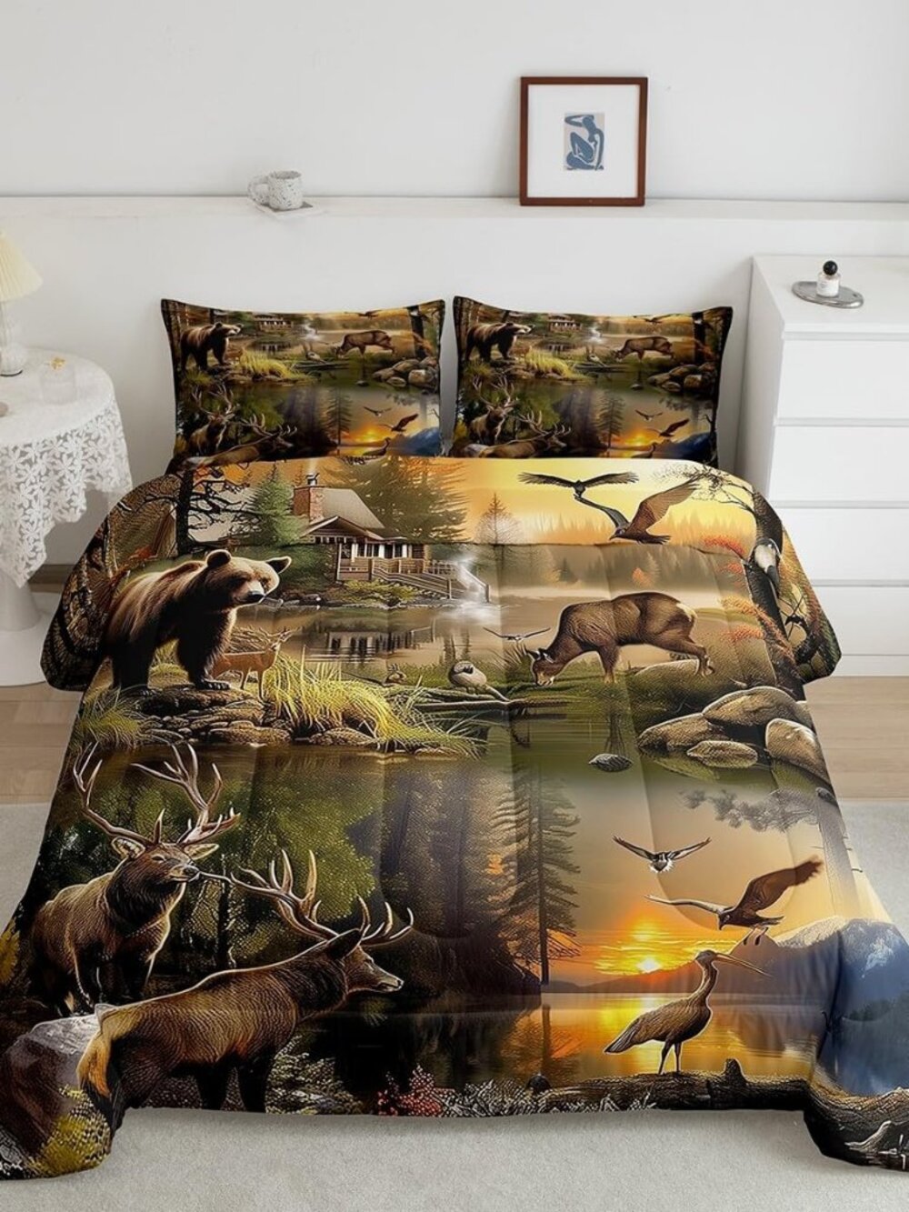 Lake House Comforter Set King Size,Retro Rustic Farmhouse Cabin Duvet Insert for
